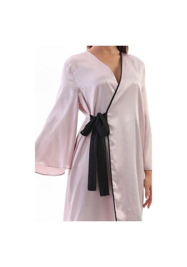 Laperissa Kadın Pudra Saten Dokuma Sabahlık Siyah Kuşaklı Şık Ve Zarif Ev Giyim Pudra