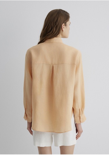 Mavi - Turuncu Keten Gömlek 1210747-71219 Turuncu