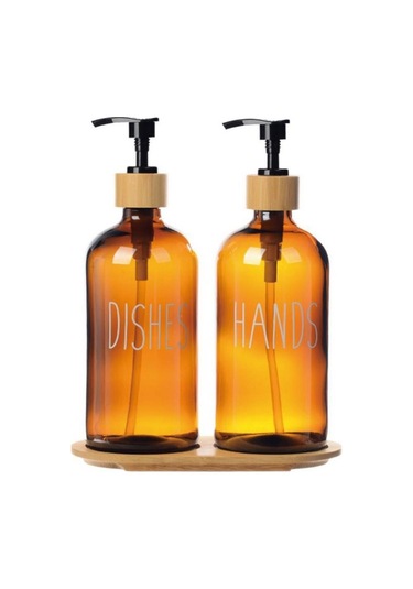Amber Cam İkili Sıvı Sabunluk Seti 500 Ml Bambu Altlıklı Sarı