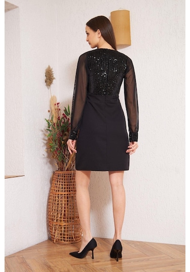 Darlin Moda Siyah Pullu Abiye Elbise Dm1015