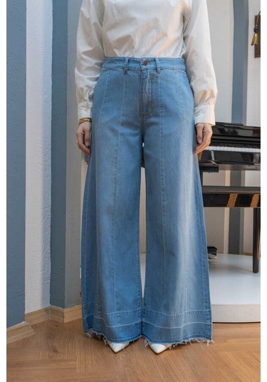 1166-parçalı Denim Bol Paça Pantolon Mavi Mavi