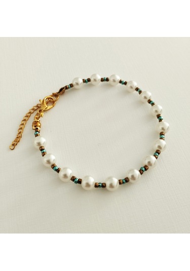 B215 İnci Boncuklu Bileklik Altın - Beyaz