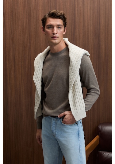 VAREX Erkek Yuvarlak Yaka Basic Slim Fit Triko Vizon Kazak