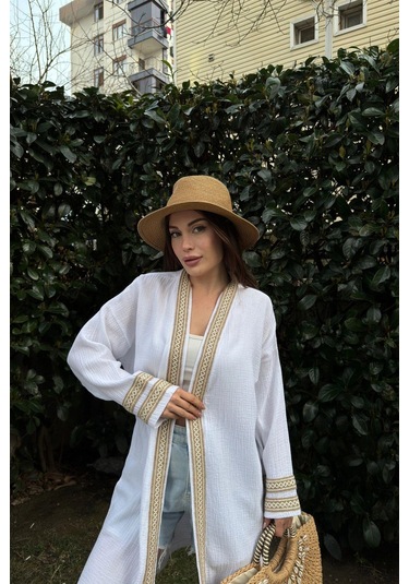 Kadın Beyaz Müslin Kumaş, Hasır Şerit Detaylı Salaş Kimono Ceket Beyaz