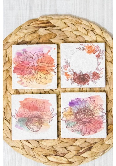 Doğal Taş Bardak Altlığı 4'lü Set 10x10x1 Cm - Çiçek Baskılı Doğaltaş Çok Renkli