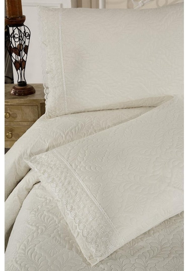 Zoya Dantelli Kapitoneli Ultrasonik Çift Kişilik Yatak Örtüsü Krem Krem