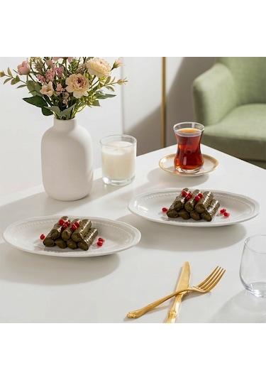 Porsima 4464 Beliz Porselen Kayık Tabak Seti - Oval Kahvaltılık Sunumluk Seti 20cm Beyaz