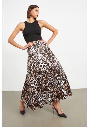 Stella Pulvis Kahverengi Leopar Desenli Beli Lastikli Saten Maxi Etek Kahverengi
