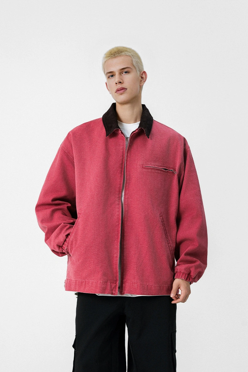 Snapbuy Yıkanmış Denim Ceket, Amerikan Retro Stili, Kontrast Yakalı, Bol Kesim Pembe