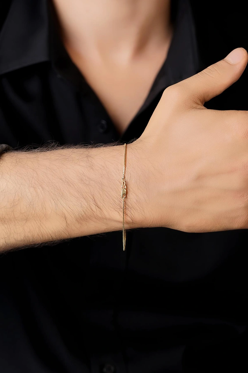 14 Ayar Altın İnce Küp Zincir Erkek Bileklik 0,95 Mm Sarı Altın