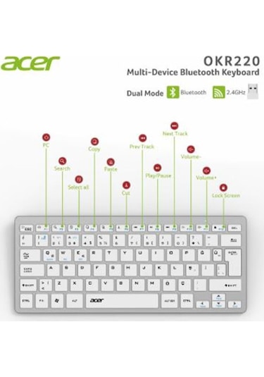 Acer Okr220 Beyaz Multidevice Dual Mode 2.4ghz Bluetooth Klavye Smart Tv Android