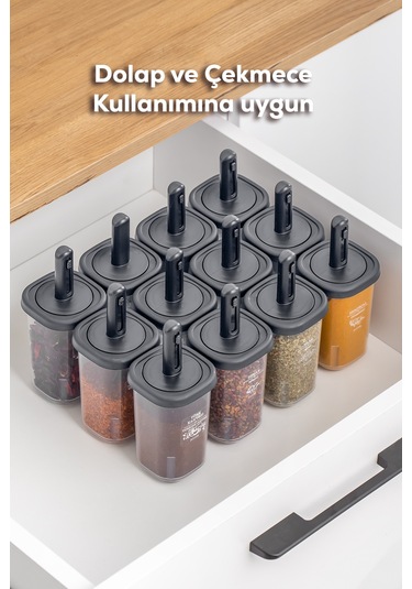 Porsima 1097 Kaydırmalı Kaşıklı Baharatlık Seti 12'li  Şeffaf - Antrasit