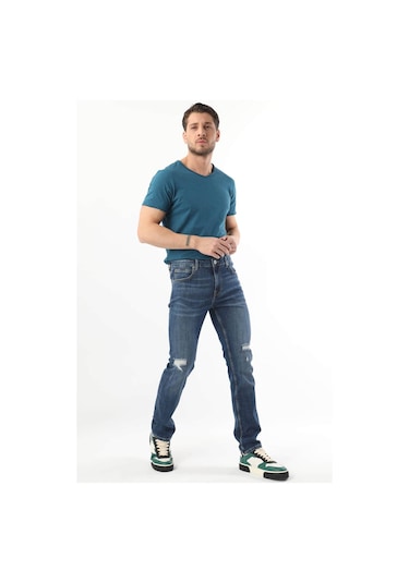Erkek Dizi Yırtık Jean Pantolon Mavi 001