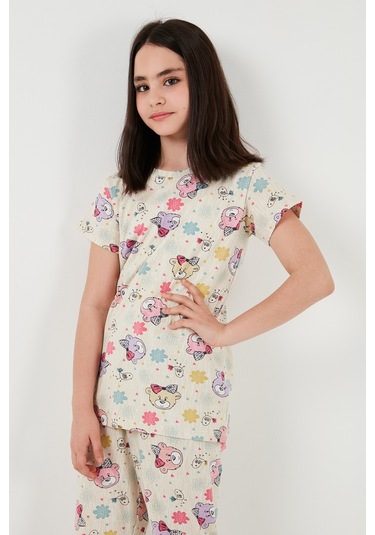 Lela % 100 Pamuk Bisiklet Yaka Kısa Kollu Kız Çocuk Pijama Takımı 6651004 Bej