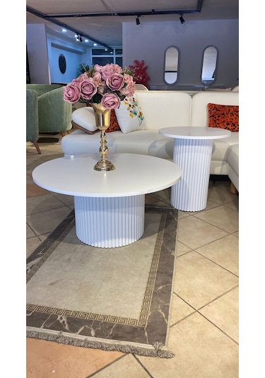 Most Bohem Orta Sehpa 2'li Set %100 Ahşap 85 Cm. Çap Beyaz