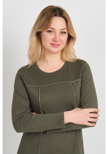 Sistas Kadın Parlak Taş Detaylı Uzun Kollu Çift Cepli Elbise 23824 Haki Haki