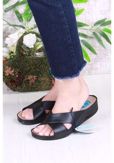 Ceyo 9946-1 Siyah Rahat Topuk Dikeni Destekli Çapraz Bantlı Kadın Terlik Siyah