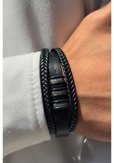 Siyah Çizgili Örgülü El İşçiliği İle Üretilmiş Hakiki Deri Erkek Bileklik Siyah - Gümüş
