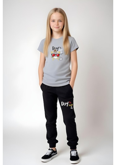 Fyk Kids Kız Çocuk Yuvarlak Yaka Baskılı Boy Cat Alt-üst Pijama Takımı Gri