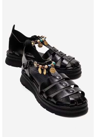 Luvishoes Solıs Siyah Hakiki Deri Boncuklu Kadın Sandalet