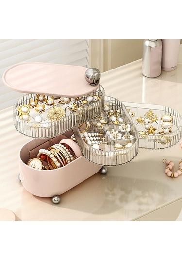 Dancemonkey Cbtx Döner Depolama Tepsisi Rafı, Şeffaf 4 Katmanlı Küpe Bileklik Organizatör - Ayı / Bej Bej