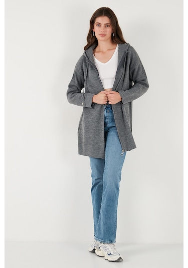 Lela Modest Regular Fit Kapüşonlu Tesettür Triko Bayan Hırka 4616176 Antrasit