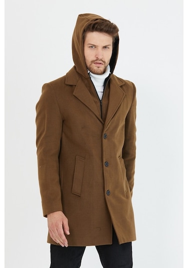 Erkek Taba Yün Karışımlı Kaşe Kapüşonlu Önü Fermuarlı Kaban-Taba