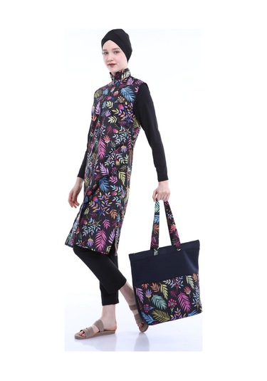 Tam Kapalı Tesettür Mayo Deniz Mayosu Renkli Çiçekler Td21-249 Siyah Siyah
