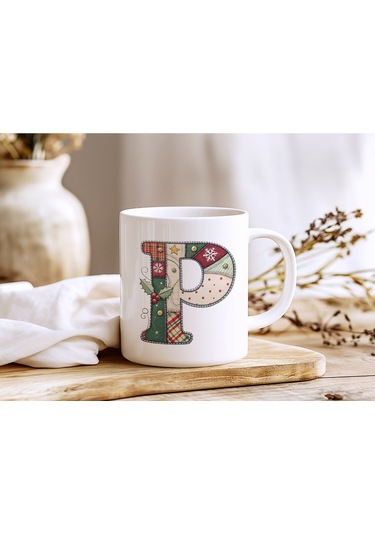 P Harfi Yılbaşı Temalı Kupa Bardak - Yeni Yıl Konsept Yamalı Efekt Tasarım - Noel Hediye Beyaz