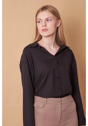 Kadın Yakalı Düşük Omuzlu Uzun Kol Likrasız Kumaş Gömlek-siyah Siyah