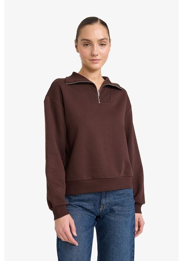 Defacto Regular Fit Yarım Fermuarlı Balıkçı Yaka Basic Düz Sweatshirt G4761ax25wnbn267 Kahve-bn267