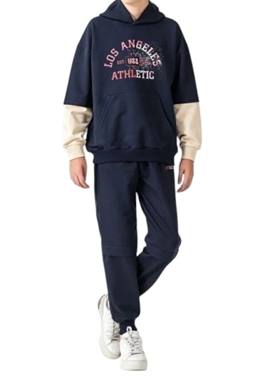 Erkek Çocuk Athletic Yazılı Kapüşonlu Kanguru Cepli Lacivert Renk Eşofman Takımı Lacivert