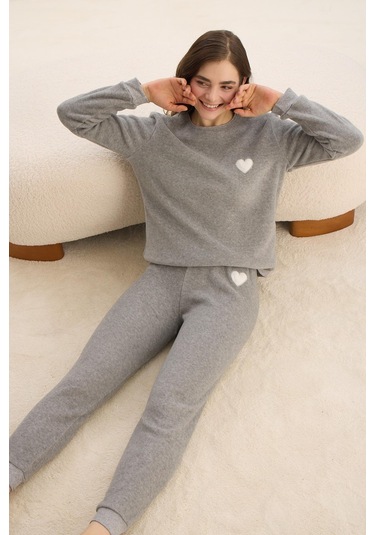 Kadın Uzun Kol Polar Gri Melanj Pijama Takım C1t5n1o61 001