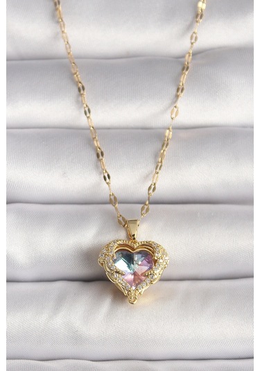 316l Çelik Gold Renk Zirkon Taşlı Renkli Kalp Model Kadın Kolye Çok Renkli