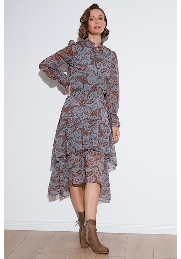 Lela Regular Fit Yaka Detaylı Volanlı Şifon Midi Bayan Elbise 611El1448 Mavi