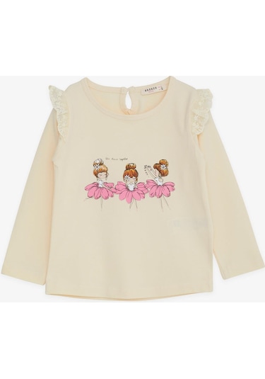 Breeze Kız Bebek Uzun Kollu Tişört Danscı Kız Baskılı Güpürlü 9 Ay-3 Yaş, Krem-krem Krem