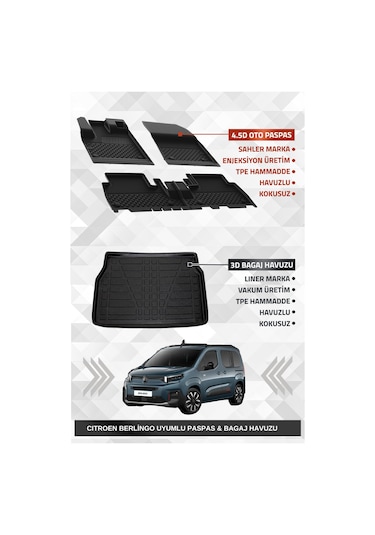 Sahler Citroen Berlingo 2019+ Uyumlu 4.5d Premium Havuzlu Oto Paspas Ve Liner Marka 3d Bagaj Havuzu