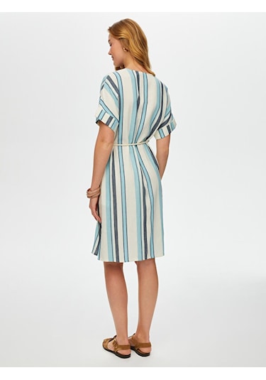 Çizgili Gömlek Yaka Kemerli Keten Karışımlı Elbise S25elb040 Us25elb04027 Indigo