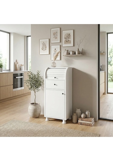 %100 Mdf Çekmeceli Ve Raflı Ekmeklik Dolabı - Kaydırmaz Kulplu Beyaz
