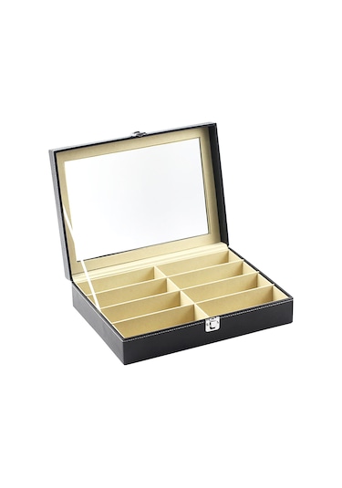 Ruicoo 8 Bölmeli Pu Deri Gözlük Kutusu - Cam Kapaklı Gösterimli Çift Katlı Gözlük Ve Saat Saklama Kutusu