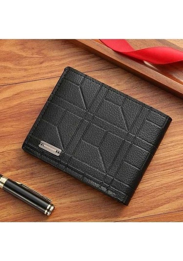 Createtech Yeni Marka Erkek Kısa Cüzdan - Genç Moda Ekose Deri Cüzdan Siyah Siyah