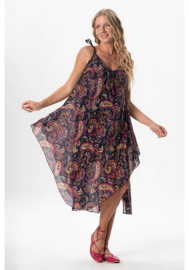 Askılı Vual Afrodit Midi Boy Yazlık Elbise Şal Lacivert 6215 Şal Yeşil