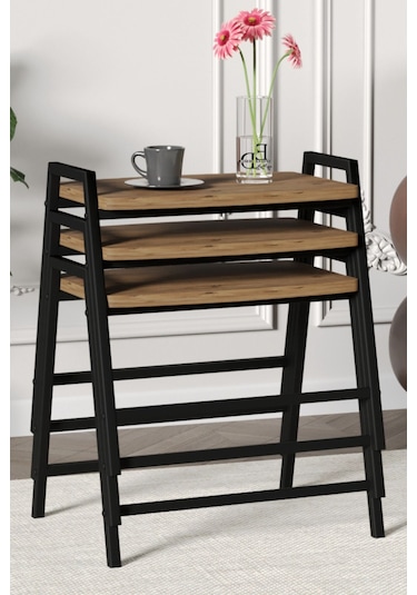 Zigon Sehpa , Aden 3'lü Tepsi Zigon Sehpa Takımı Siyah Metal - Atlantik Çam Tabla Siyah-atlantik Çam