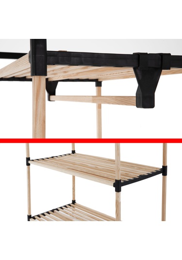 Ne02 Ahşap Gardrop Elbise Askısı Ve İkili Raf Sistemi Masif Çam Ahşap Ahşap