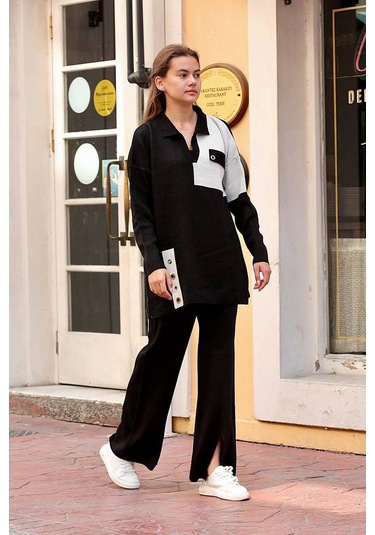 Kuş Gözü Triko Takım Siyah Siyah