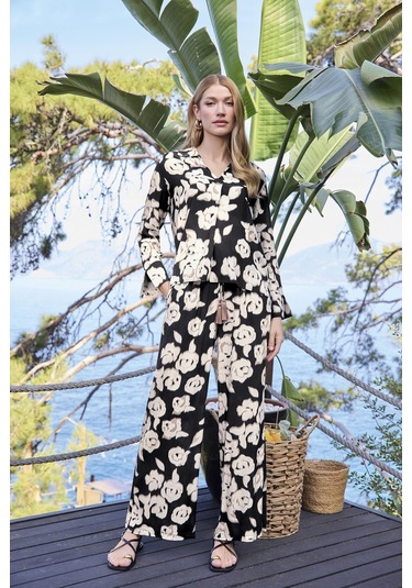 Monamise Kadın Desenli Önü Düğmeli Uzun Kollu Gömlek Yaka Alt Üst Takım 25060 Siyah