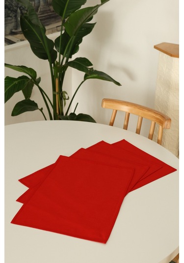 Yakacihome 4'lü Pera Kırmızı Biye Detaylı Duck Keten Yıkanabilir, Leke Tutmaz Supla Amerikan Servis Seti Kırmızı