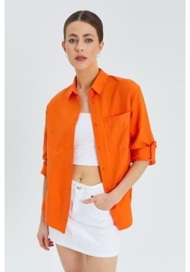 9942 Kadın Oxford Uzun Kol Basic Gömlek Oranj Oranj