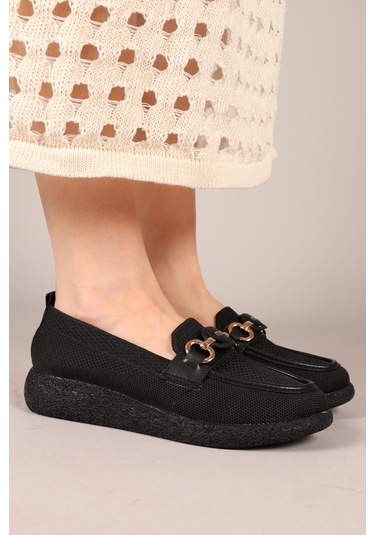 Minty Önü Tokalı Triko Babet Siyah-7905 Siyah