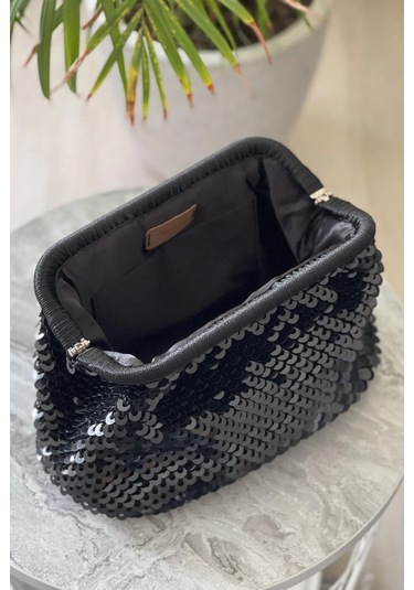El Yapımı Siyah Pullu Parlak Örgü El Çantası Siyah